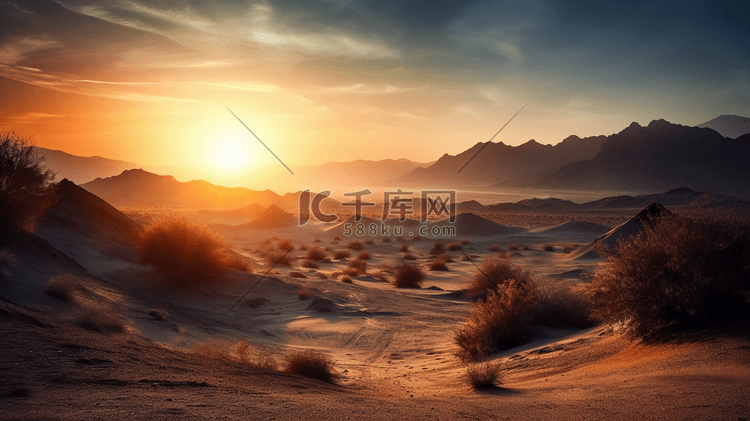 太阳正在沙漠中的群山上落下