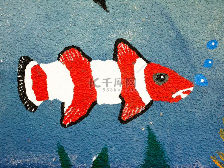墙上的彩绘鱼，近距离接触气泡