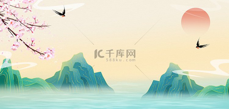 中国风山水桃花浅色手绘海报背景
