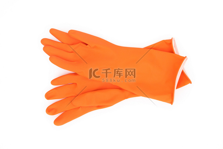 白色背景清洁用橙色橡胶手套，我