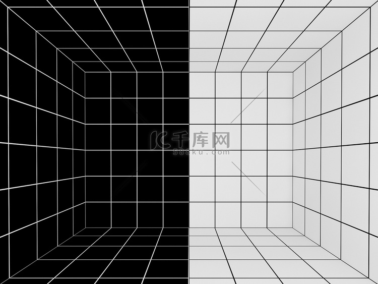 带透视网格的黑白空间，3d