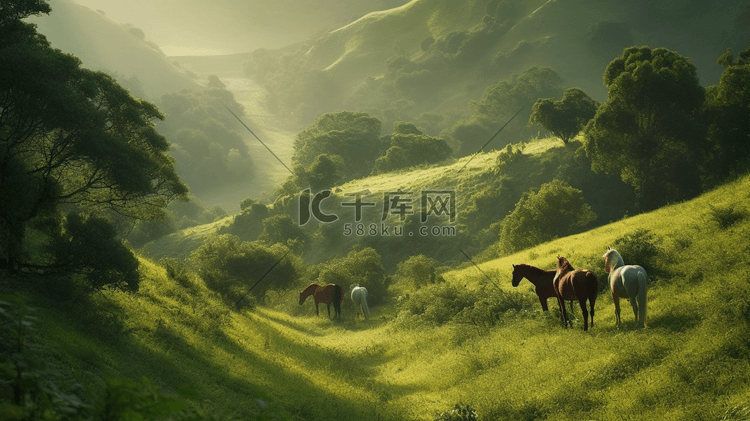 一群马在郁郁葱葱的山坡上吃草