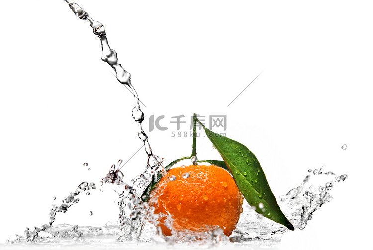 橘子与水溅隔离在白色