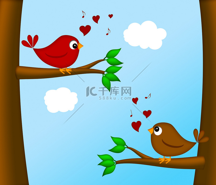 情人节爱情鸟对坐在树上