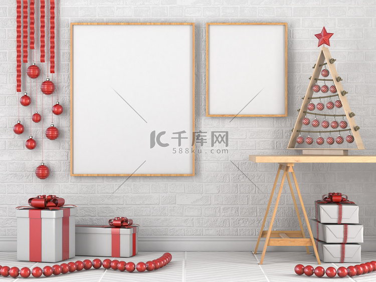 模拟空白木制相框、圣诞装饰和 