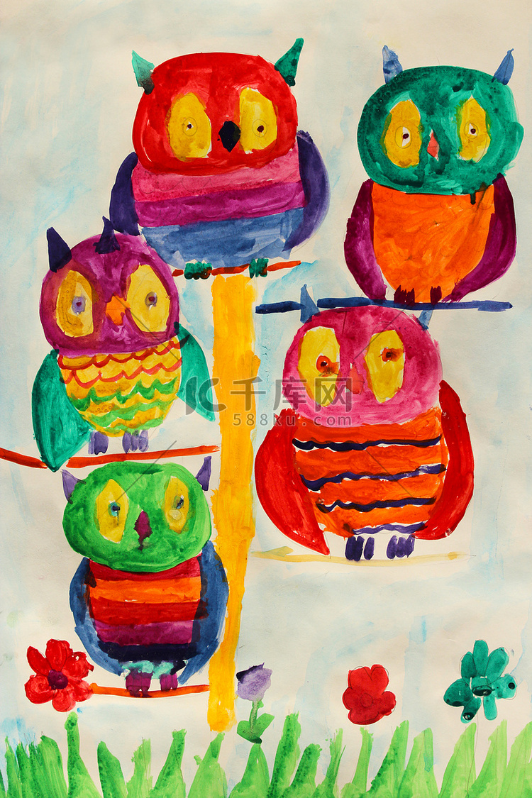 儿童画与一些漂亮的仙女猫头鹰
