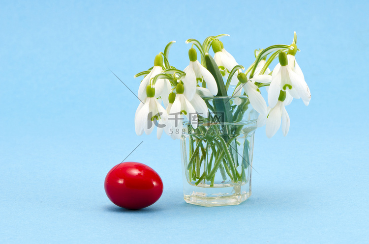 玻璃杯中的雪花莲和复活节彩蛋