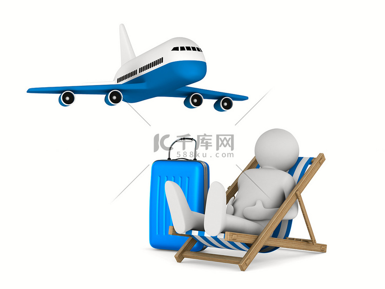 躺椅上的人和白色背景上的行李。