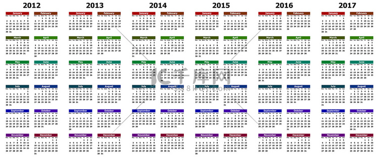 2012 年至 2017 年的彩色日历