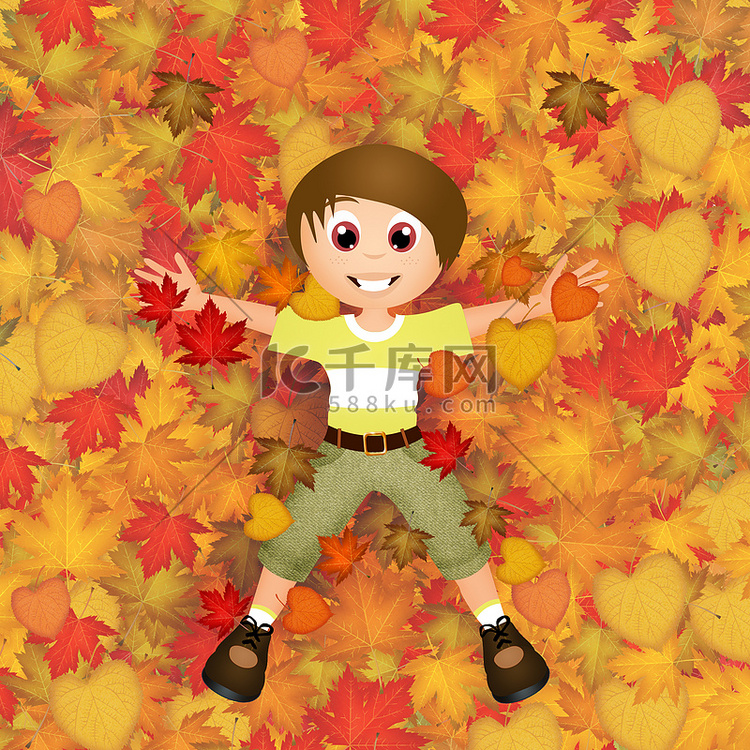 秋天落叶中的孩子