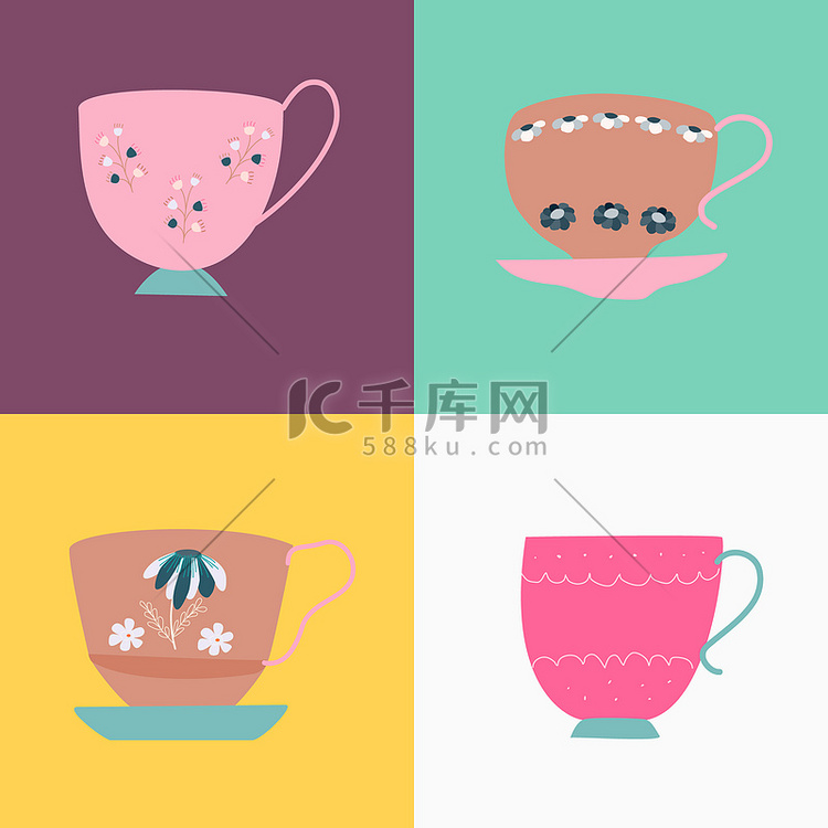 粉色和棕色复古茶杯系列，配有碟
