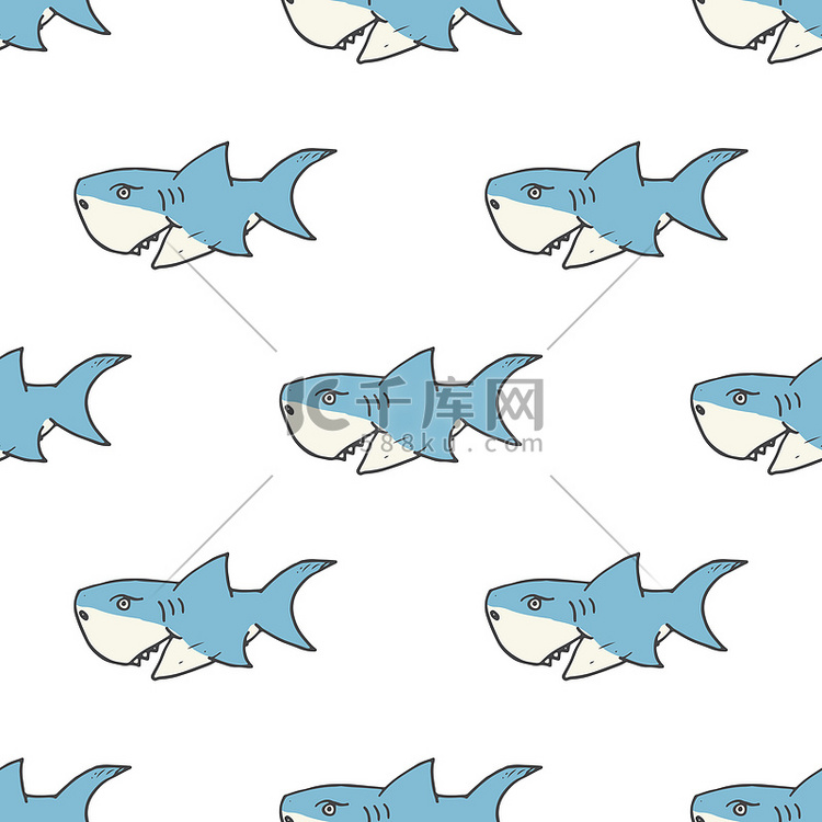 鲨鱼无缝图案，手绘素描涂鸦鲨鱼