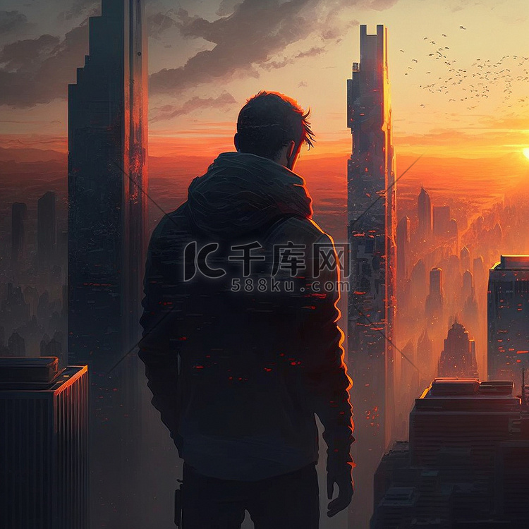 一个站在摩天大楼顶上的人在夕阳
