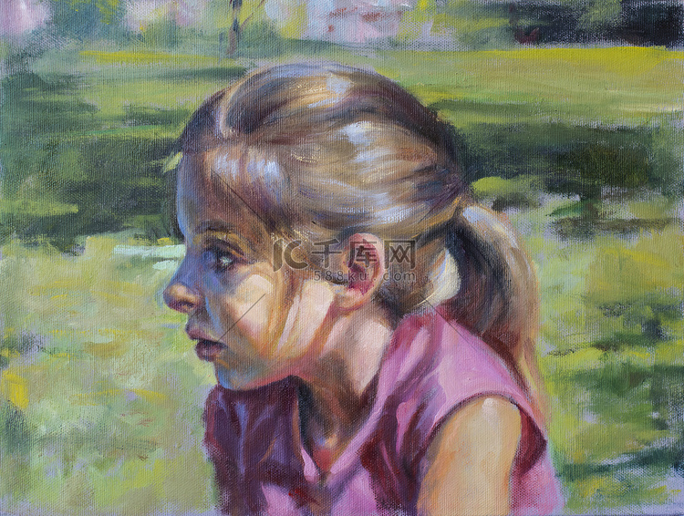 画布上的肖像与一个小女孩的油画