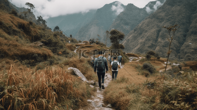 在山的背包徒步旅行者人