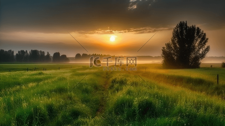 夏季景观与日落时的戏剧天空俄罗