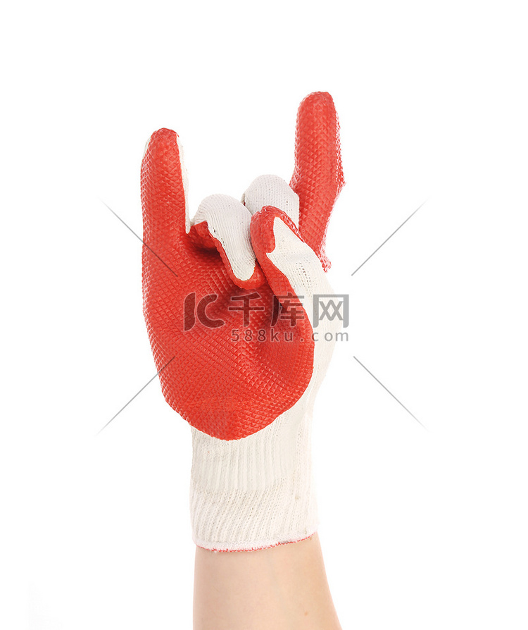 戴着橡胶手套的手显示出摇滚标志