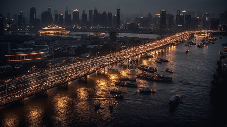 日落时长江上的现代桥梁