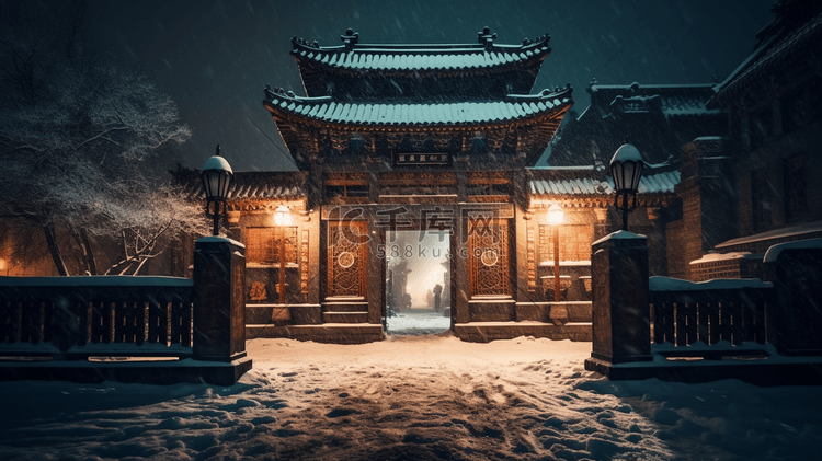 夜幕下的雪中丽景门