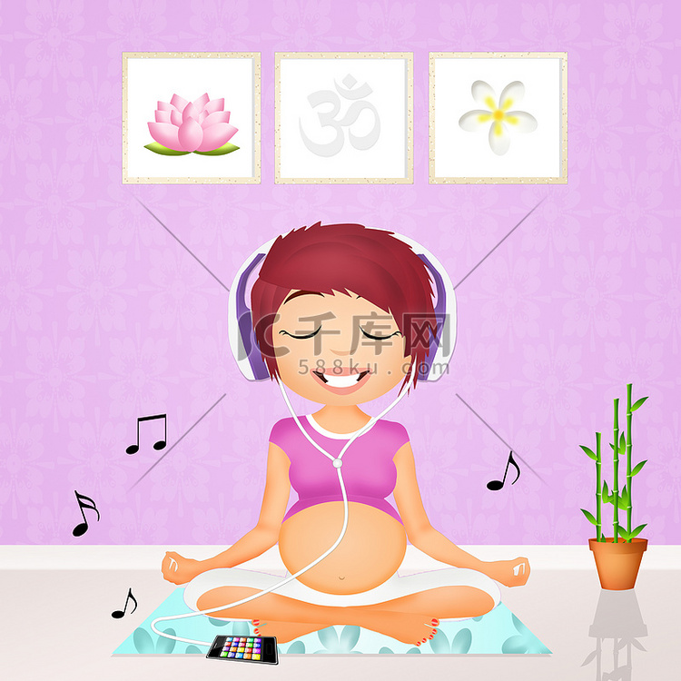 一位孕妇随着音乐做瑜伽
