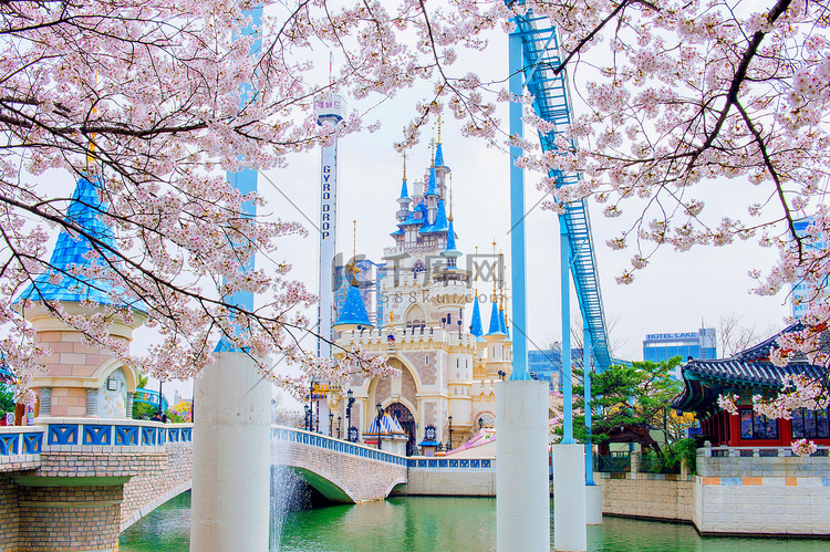 乐天世界游乐园和春天的樱花。