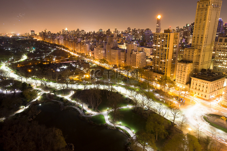 纽约中央公园全景空景在漆黑的夜