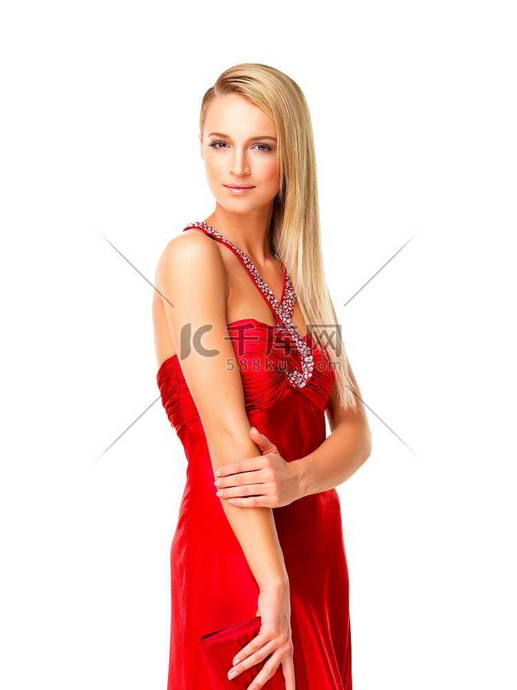 穿着红色连衣裙的时尚、美丽和魅
