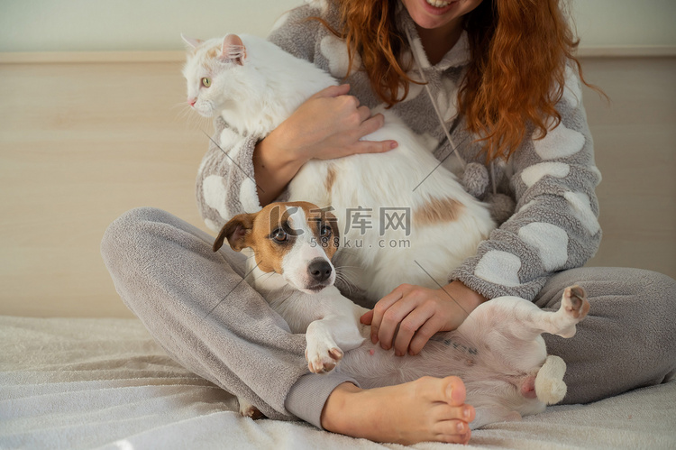 红发白种女人抱着一只狗和一只猫
