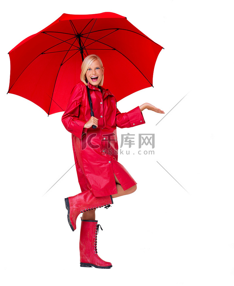 画像、红色雨衣和保险伞，与工作