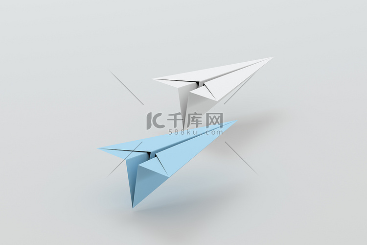 白纸飞机与蓝纸飞机，3d 渲染。