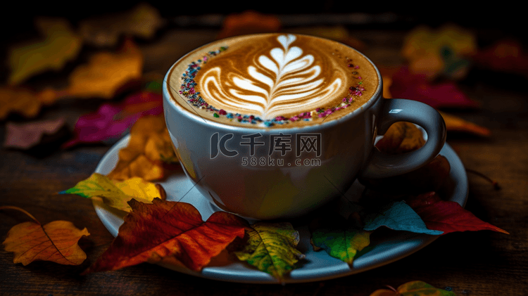 多色秋叶上的咖啡拿铁
