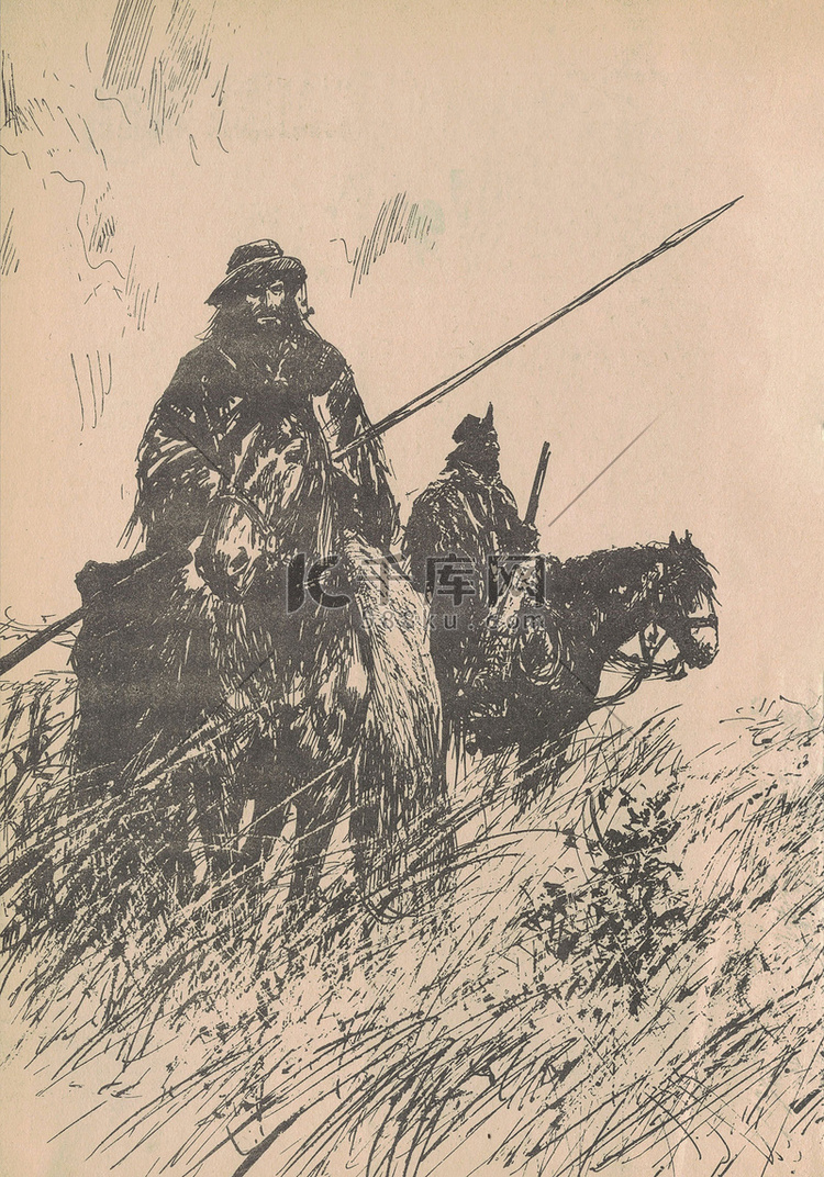 黑白插图显示了潘帕草原上骑马的