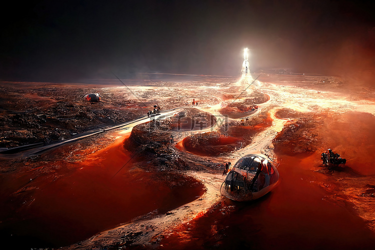 人们到达火星，3d 渲染