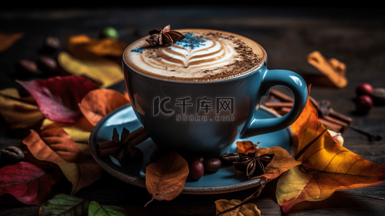 多色秋叶上的咖啡拿铁