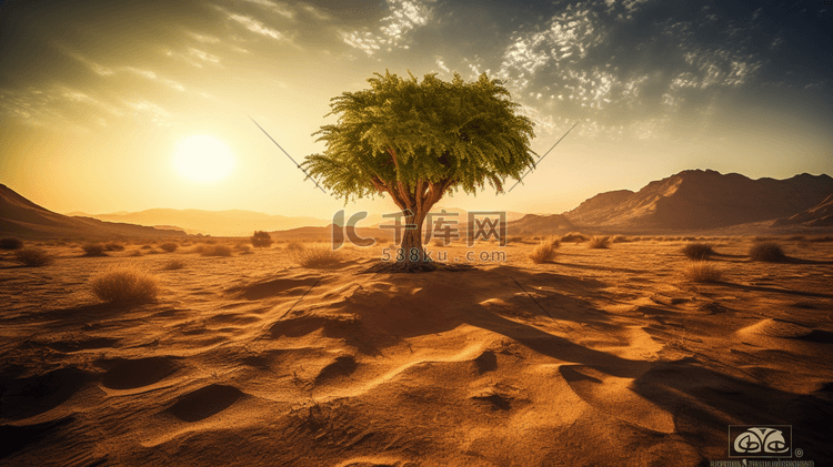 日落时沙漠中央的一棵树