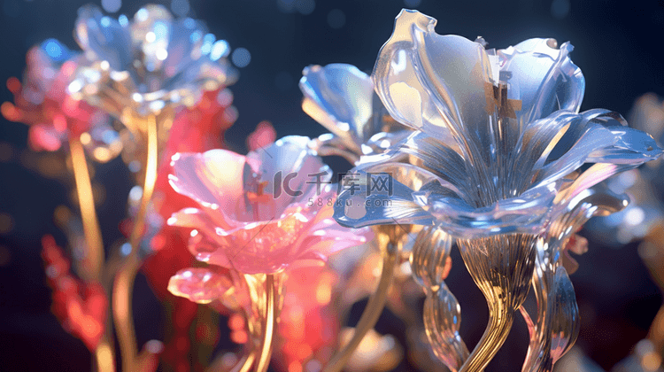 未来感玻璃质感花朵植物