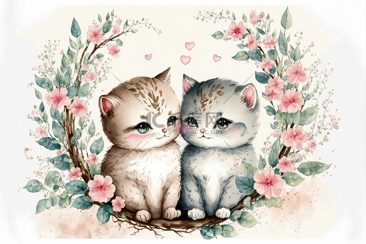 可爱的小猫恋爱浪漫情人节手绘卡