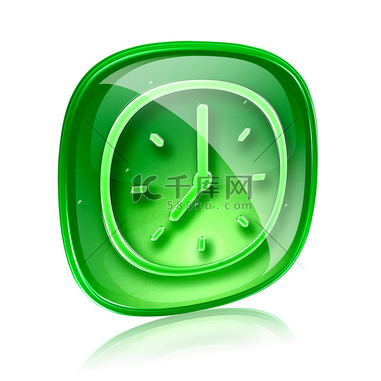 时钟图标绿色玻璃，隔离在白色背