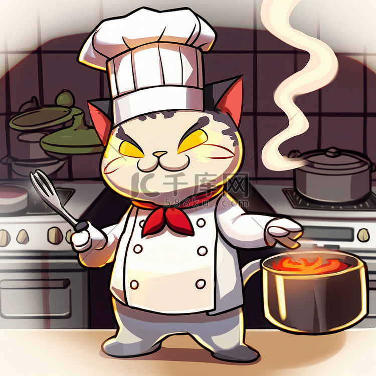 厨师的猫戴着厨师帽的卡通形象，