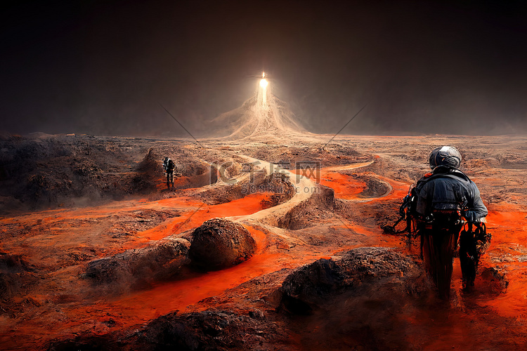 人们到达火星，3d 渲染