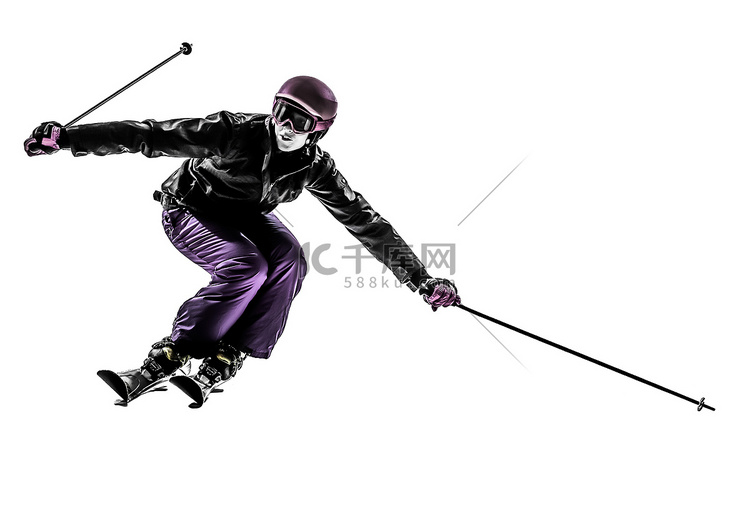 一名女子滑雪者滑雪回转剪影