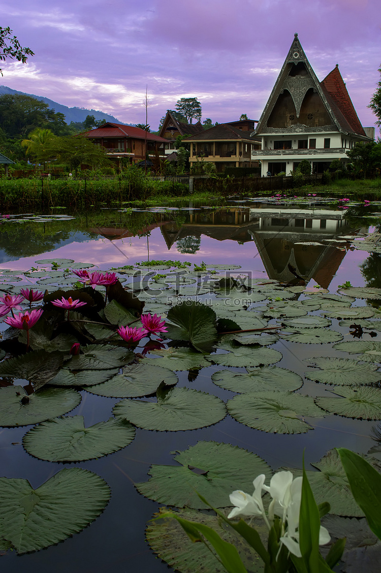 在 Batak 风格的房屋背景上浇花。