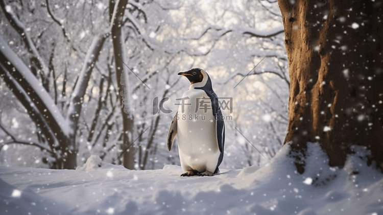 一只企鹅正站在树旁的雪地里