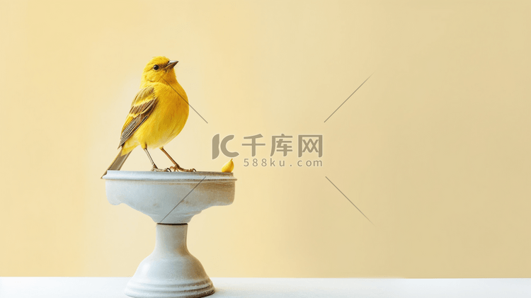 一只黄色的小鸟坐在白色的基座上
