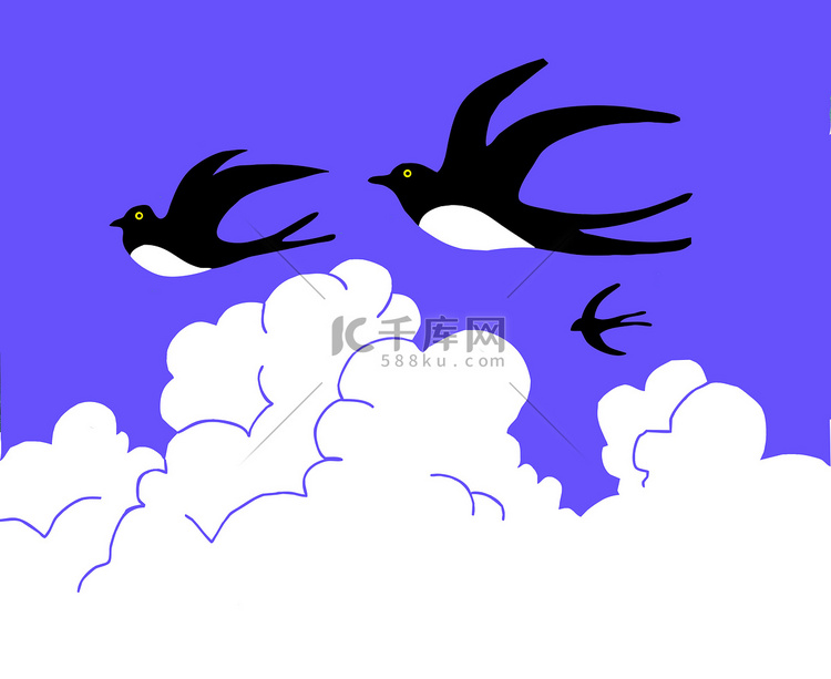 矢量绘图燕子飞向多云的天空