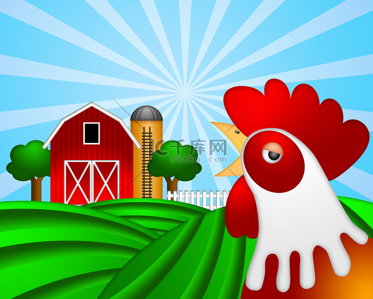 绿色牧场上的公鸡与带粮仓的红色