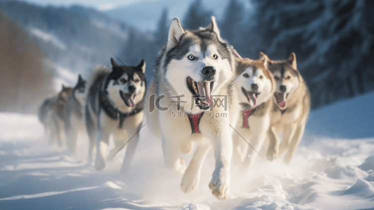 一群狗拉着雪橇穿过雪地