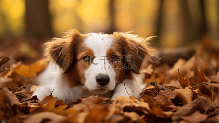 一只棕色和白色相间的狗躺在树叶