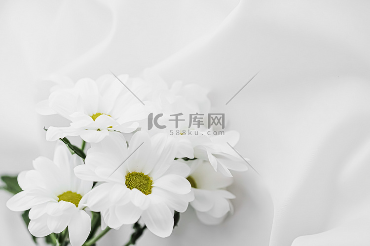 丝绸织物上的白色雏菊花作为新娘