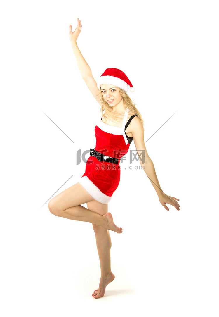 穿着红色圣诞服装的快乐微笑的女